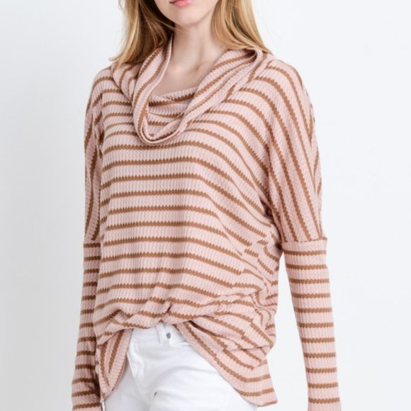 Striped Cowl Neck Waffle Knit Top NWT - Picture 2 of 6